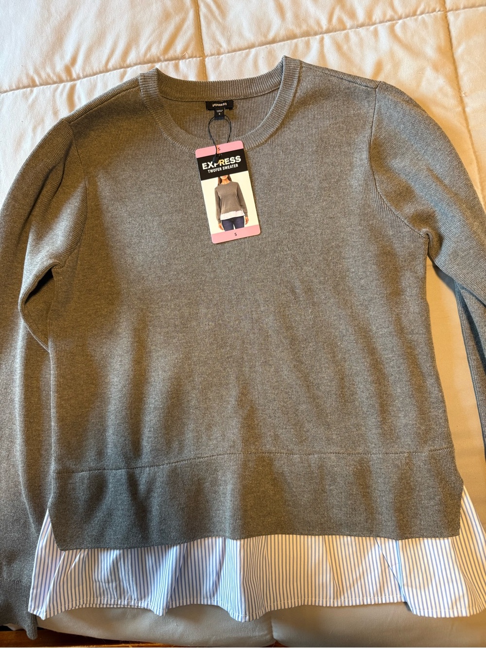 Express Gray Crewneck Sweater with Striped Layered Hem